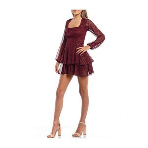 CITY STUDIO Womens Burgundy Skirt Tie Back Lined Long Sleeve Mini Dress 1